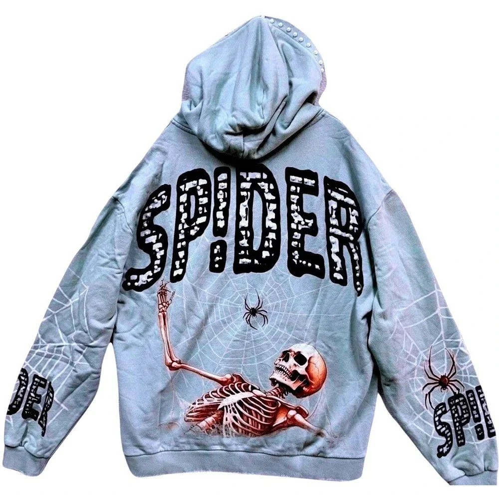 Stray Web Crawler‎ Skull Full Zip Hoodie Mens 2XL Green Spider Y2K Pearls NWT